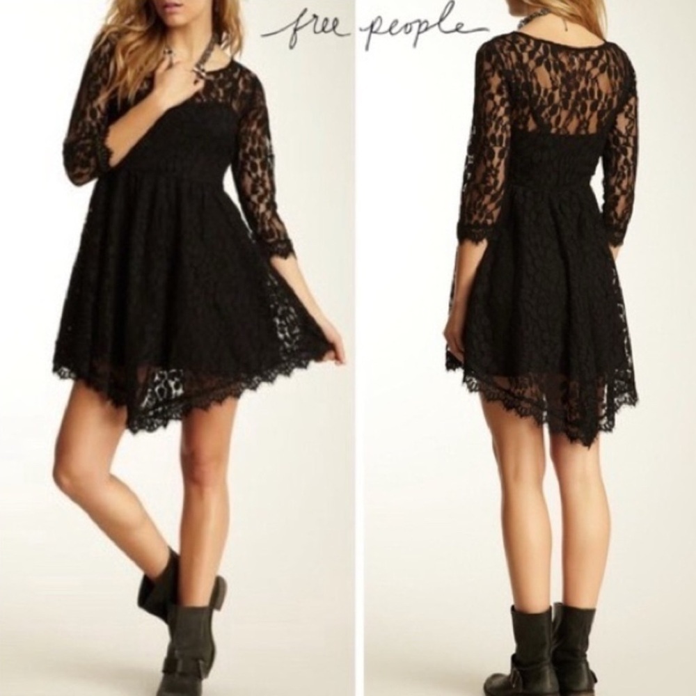 Free People Black Floral Lace Mini Dress, Size 0, 3/4 Length Sleeves